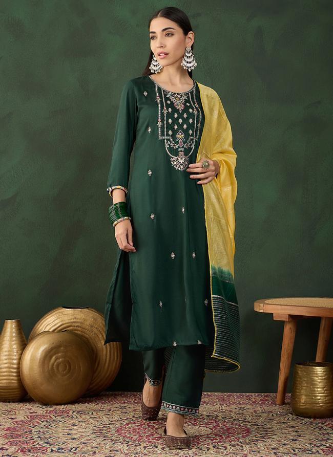 Chinon Green Festival Wear Embroidery Work Readymade Straight Suit